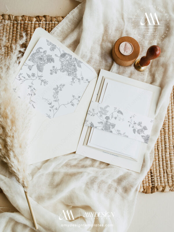 Free Printable A7 Envelope Liners: Vintage Botanical Toile Collection Minimalist Envelope Liners Templates Monogram Toile Floral