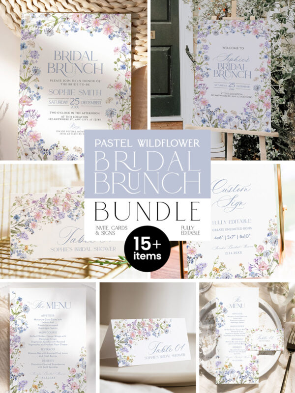 Wildflower Bridal Brunch Invitation Bundle | Pastel Flowers Bridal Shower Brunch Invite Template Editable
