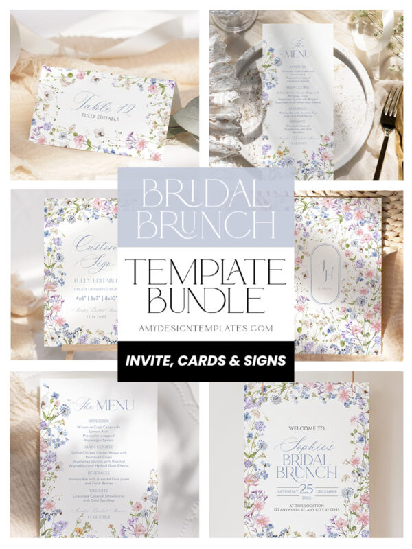 Wildflower Bridal Brunch Invitation Bundle | Pastel Flowers Bridal Shower Brunch Invite Template Editable