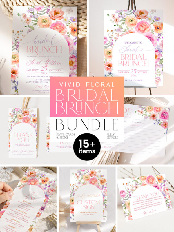 Floral Bridal Brunch Template Bundle | Bright Flower Bridal Shower Brunch Invitations | Editable Menu, Place Cards & Signs