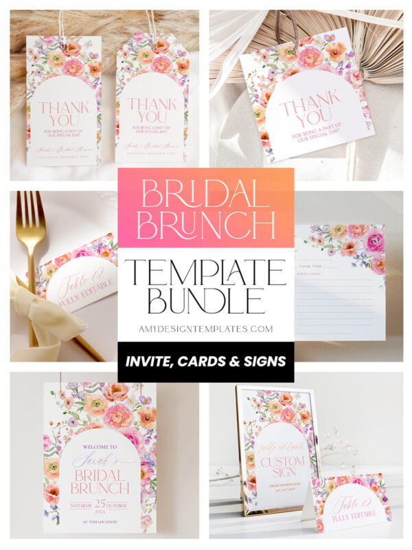 Floral Bridal Brunch Template Bundle | Bright Flower Bridal Shower Brunch Invitations | Editable Menu, Place Cards & Signs