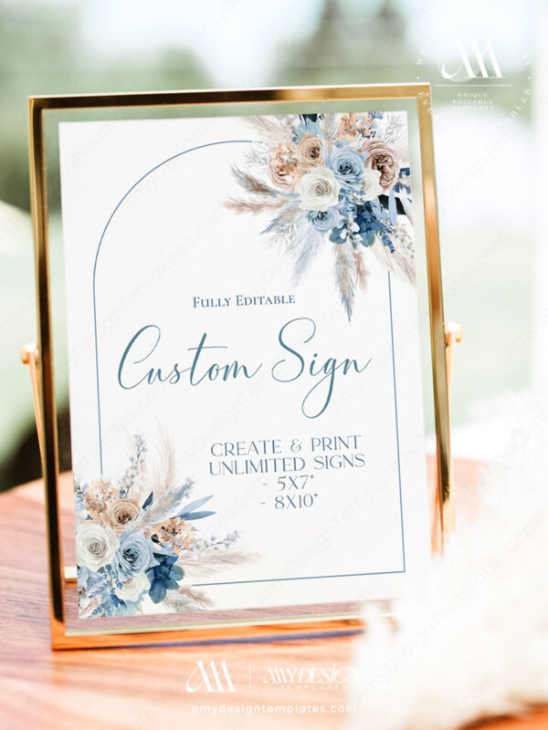 Boho Pampas Grass Bridal Shower Invitation Template Editable | Dusty Blue Bohemian Invite Printable Dusty Blue Custom Sign Template | Editable Table Sign Printable Bohemian