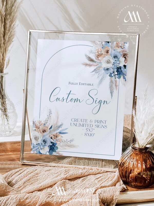8+ Elegant Blue Wedding Table Sign Templates: Something Blue on Every Table Dusty Blue Custom Sign Template | Editable Table Sign Printable Bohemian
