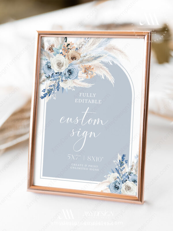 Boho Pampas Grass Bridal Shower Invitation Template Editable | Dusty Blue Bohemian Invite Printable Boho Blue Custom Table Sign Printable | Boho Bridal Shower Sign Template