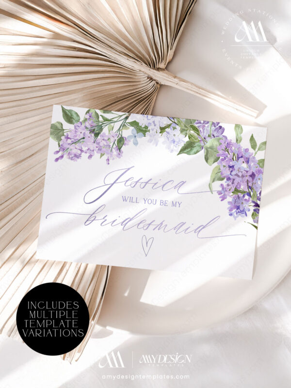 Bridesmaid Proposal Card Template | Will You Be My Bridesmaid | Lilac Purple Bridal Theme