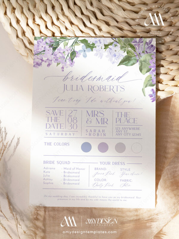 Bridesmaid Proposal Card Template | Will You Be My Bridesmaid | Lilac Purple Bridal Theme