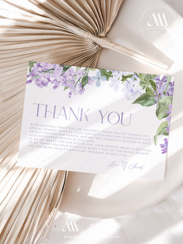 Lilac Floral Thank You Card Template | Purple Thank You Cards Printable