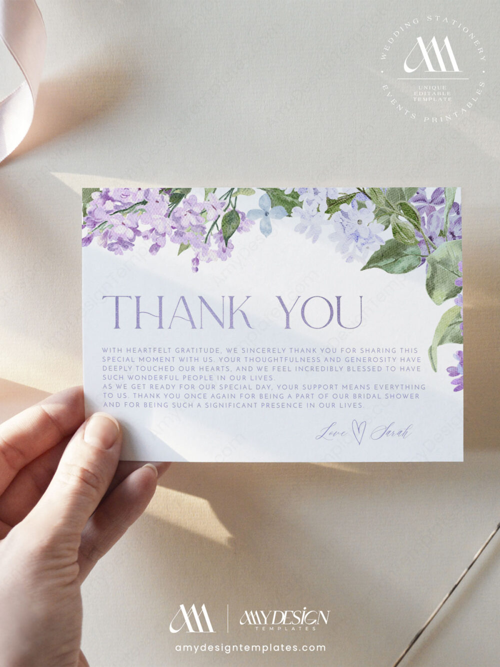Lilac Floral Thank You Card Template | Purple Thank You Cards Printable