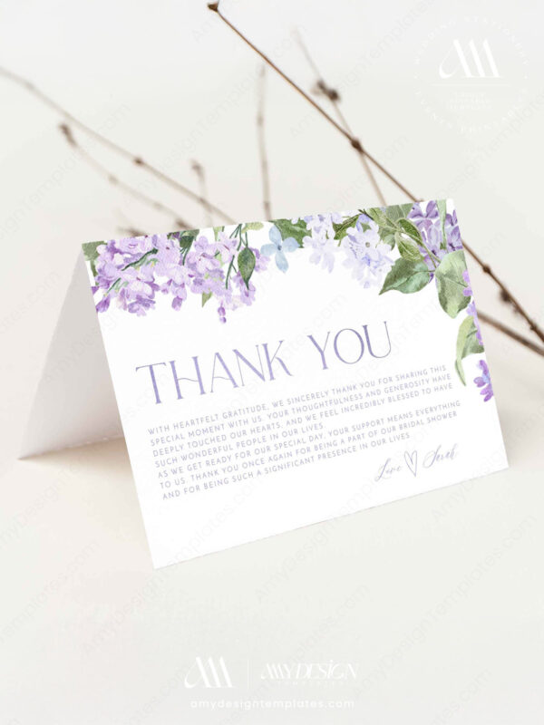 Lilac Floral Thank You Card Template | Purple Thank You Cards Printable