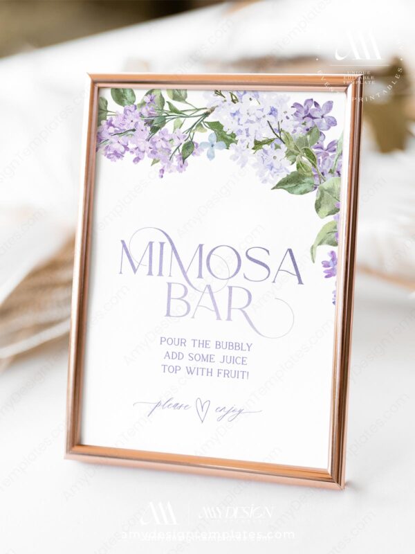 Lilac Purple Mimosa Bar Sign Printable | Editable Bridal Shower Signs Instant Download