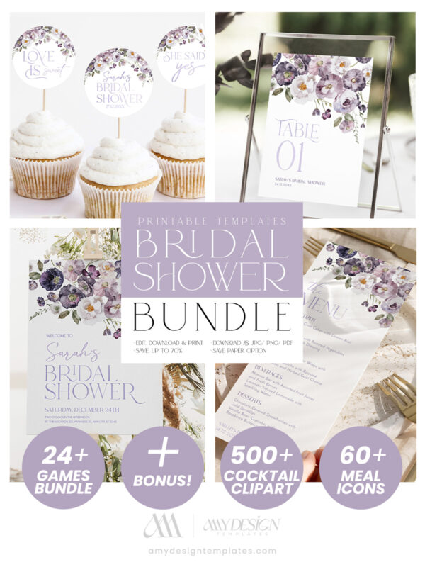 Purple Floral Bridal Shower Invitation Bundle | Poppy Flowers Bridal Shower Invite Signs & Games Bundle Editable Template