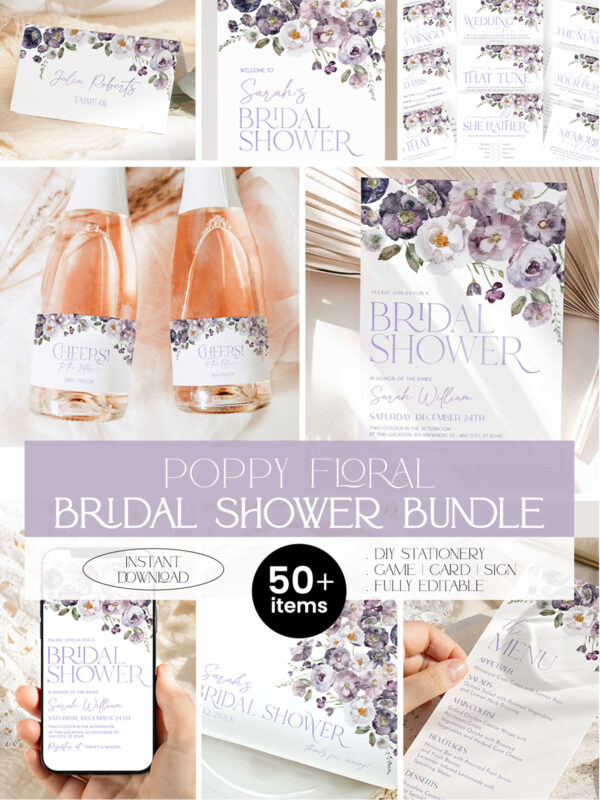 Purple Floral Bridal Shower Invitation Bundle | Poppy Flowers Bridal Shower Invite Signs & Games Bundle Editable Template