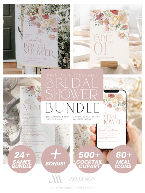 Blush Pink Floral Garden Bridal Shower Bundle | Invitations & 24 Games Bundle | Love in Bloom Bridal Shower Template