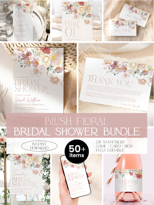 Blush Pink Floral Garden Bridal Shower Bundle | Invitations & 24 Games Bundle | Love in Bloom Bridal Shower Template