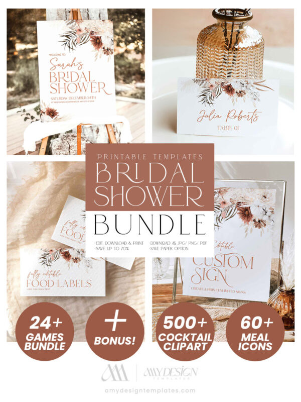 Boho Bridal Shower Bundle | Fall Bridal Shower Invitation | Bridal Shower Games Bundle Editable Template
