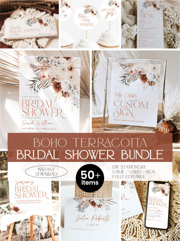 Boho Bridal Shower Bundle | Fall Bridal Shower Invitation | Bridal Shower Games Bundle Editable Template