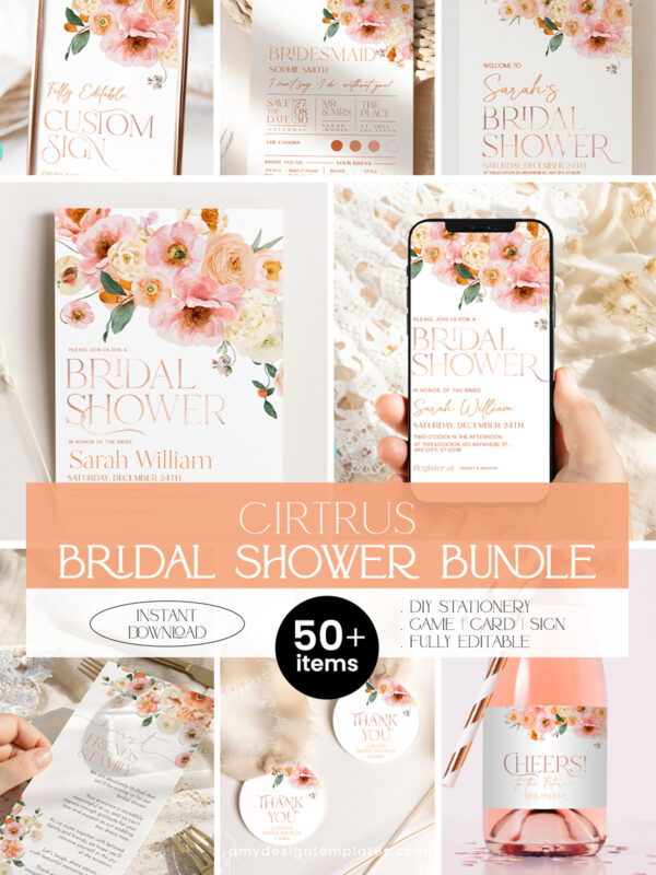 Citrus Bridal Shower Invitations Bundle | Spring Summer Bridal Shower Invite | 24 Bridal Games Card & Signs Bundle Template