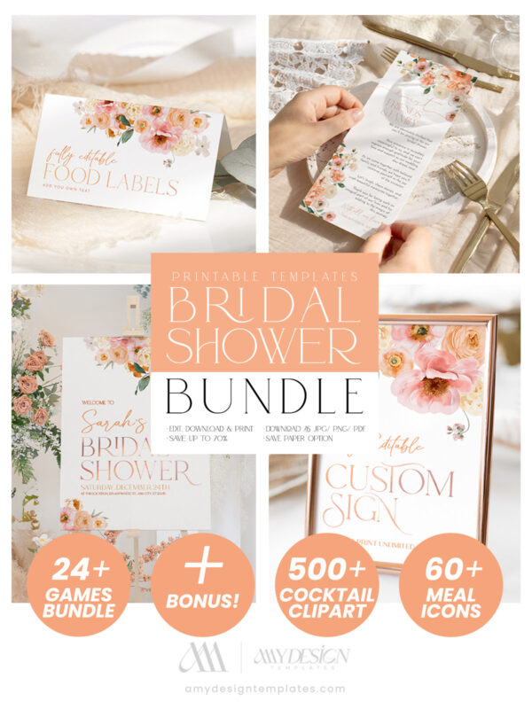 Citrus Bridal Shower Invitations Bundle | Spring Summer Bridal Shower Invite | 24 Bridal Games Card & Signs Bundle Template