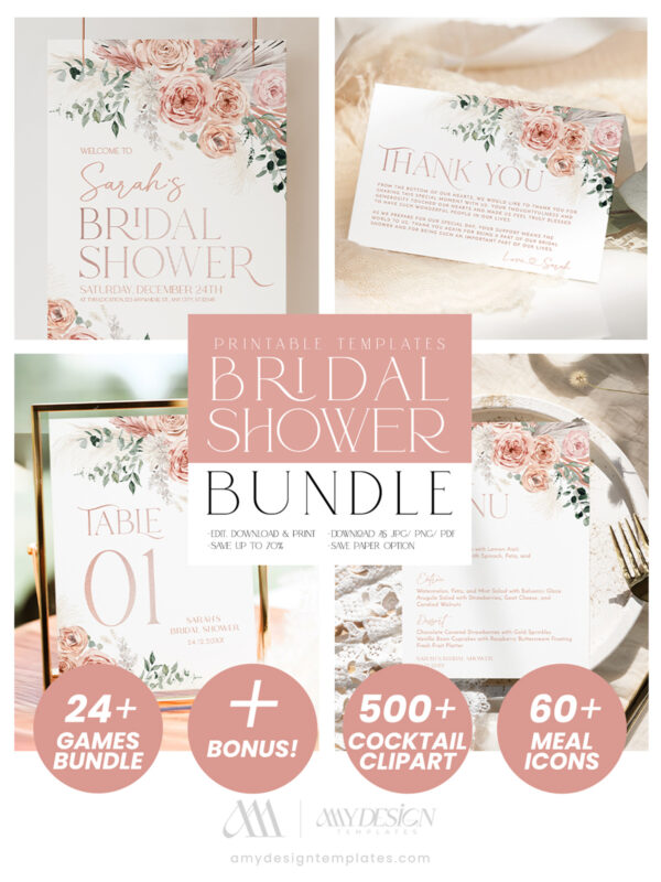 Dusty Pink Bridal Shower Bundle | Rustic Boho Bridal Shower Invitation & Games | Editable Template Download