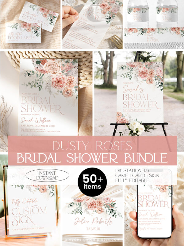 Dusty Pink Bridal Shower Bundle | Rustic Boho Bridal Shower Invitation & Games | Editable Template Download