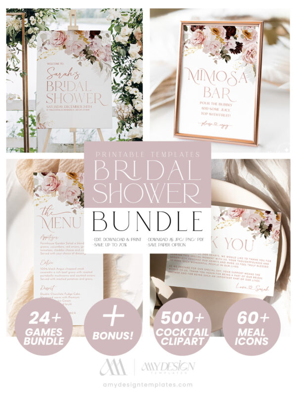 Blush Pink Burgundy Bridal Shower Bundle Template | Bridal Shower Invitation Cards & 24 Bridal Games Bundle