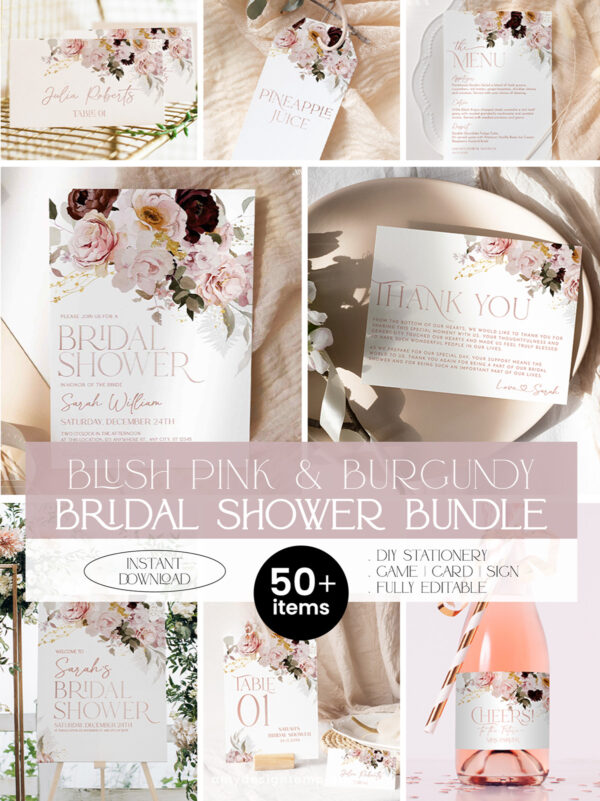 Blush Pink Burgundy Bridal Shower Bundle Template | Bridal Shower Invitation Cards & 24 Bridal Games Bundle