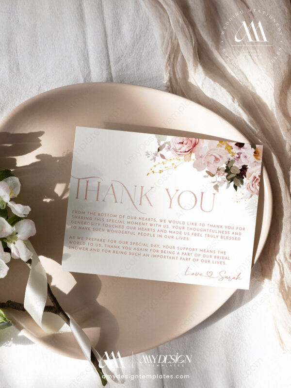Pink Bridal Shower Thank You Card Printable Template | Floral Thank You Cards
