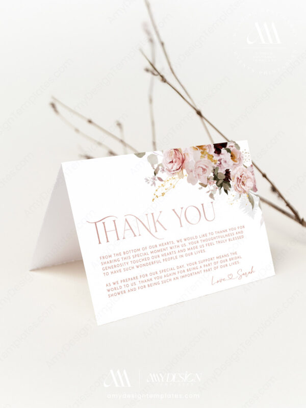 Pink Bridal Shower Thank You Card Printable Template | Floral Thank You Cards