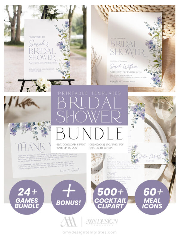 Lavender Floral Bridal Shower Bundle | Shower Invitations & Games Bundle | Welcome Signs Editable Template