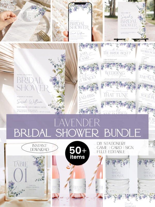 Lavender Floral Bridal Shower Bundle | Shower Invitations & Games Bundle | Welcome Signs Editable Template
