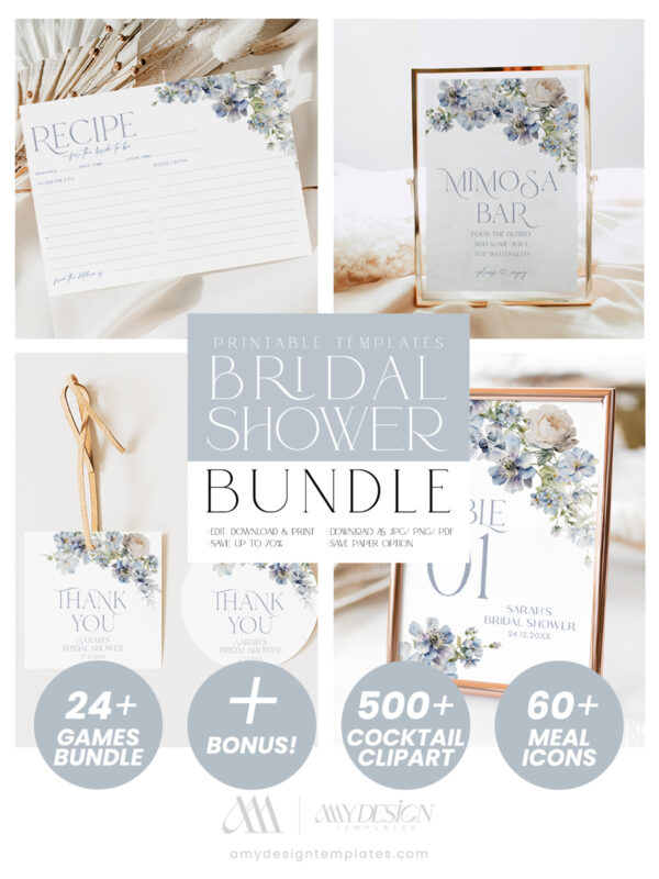 Blue Spring Floral Bridal Shower Bundle Template | Dusty Blue Bridal Shower Invitations | 24 Shower Games Bundle