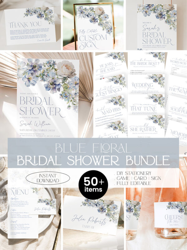 Blue Spring Floral Bridal Shower Bundle Template | Dusty Blue Bridal Shower Invitations | 24 Shower Games Bundle