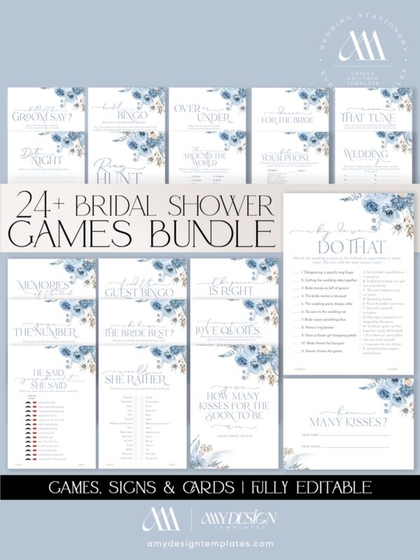 Boho Pampas Grass Bridal Shower Invitation Template Editable | Dusty Blue Bohemian Invite Printable 24 Printable Bridal Shower Games Template | Blue Shower Game Template Fully Editable