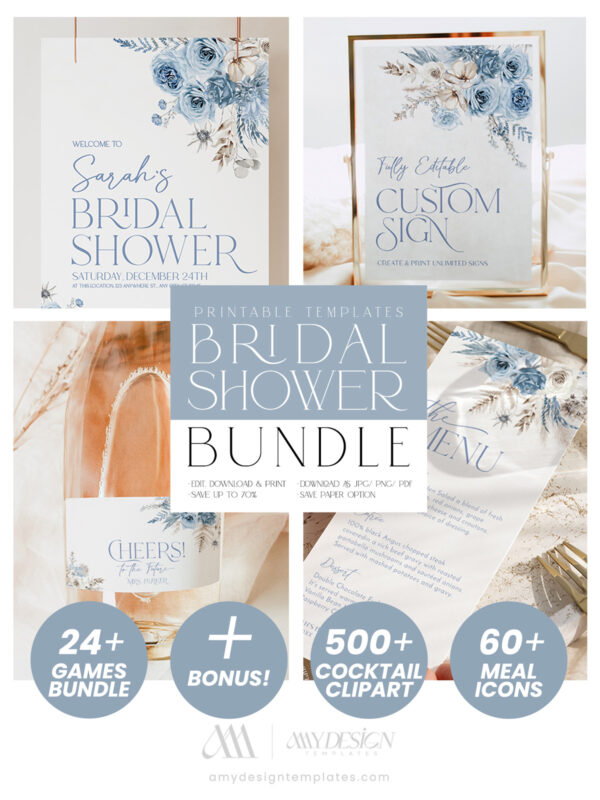 Blue Floral Bridal Shower Invitation Bundle | Dusty Blue Bridal Shower Games Bundle | Bridal Shower Decor Editable Template