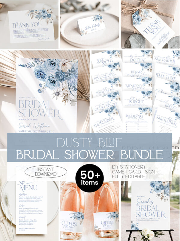 Blue Floral Bridal Shower Invitation Bundle | Dusty Blue Bridal Shower Games Bundle | Bridal Shower Decor Editable Template