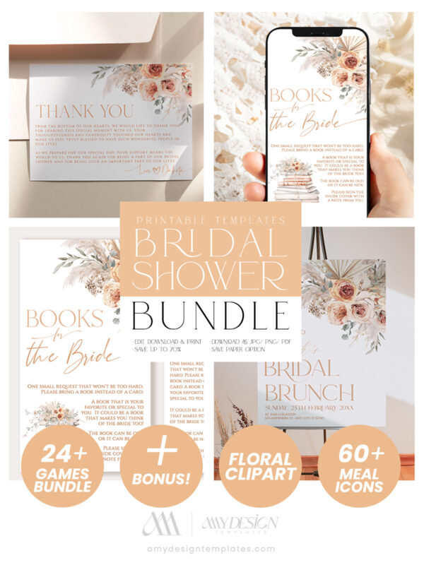 Burnt Orange Bridal Shower Bundle | Boho Pampas Bridal Shower Brunch Invitations Template | Editable Games Bundle