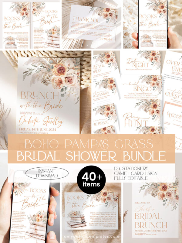 Burnt Orange Bridal Shower Bundle | Boho Pampas Bridal Shower Brunch Invitations Template | Editable Games Bundle