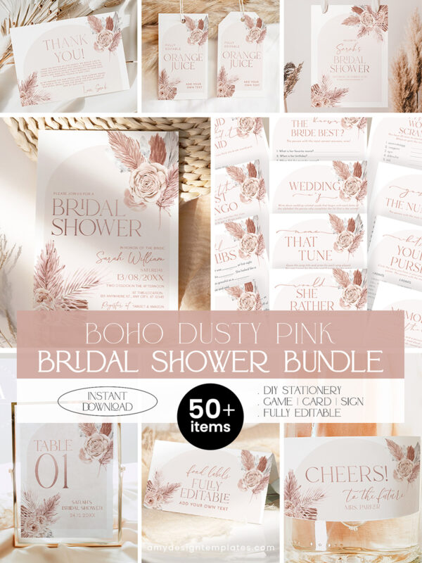 Dusty Pink Bridal Shower Bundle Template | Boho Arch Bridal Shower Invitations | 24 Games Bundle & Shower Signs
