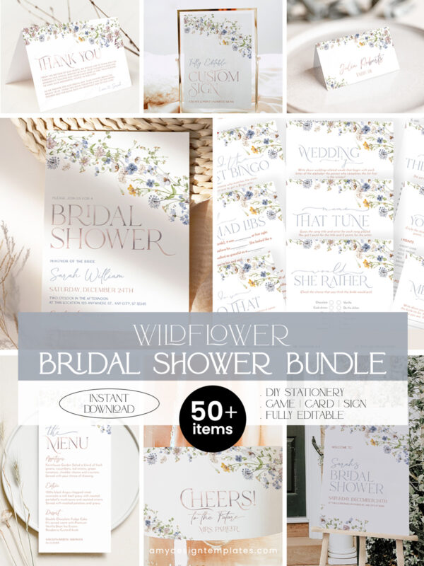Elegant Wildflower Bridal Shower Bundle | Invitations & 24 Bridal Shower Games Bundle Editable Template