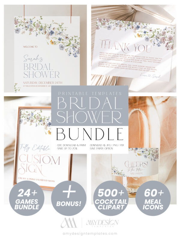 Elegant Wildflower Bridal Shower Bundle | Invitations & 24 Bridal Shower Games Bundle Editable Template