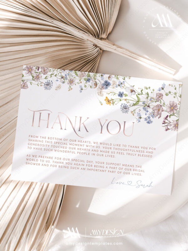 Wildflower Thank You Card Template Printable | Flat and Folded Floral Thank You Bridal Shower