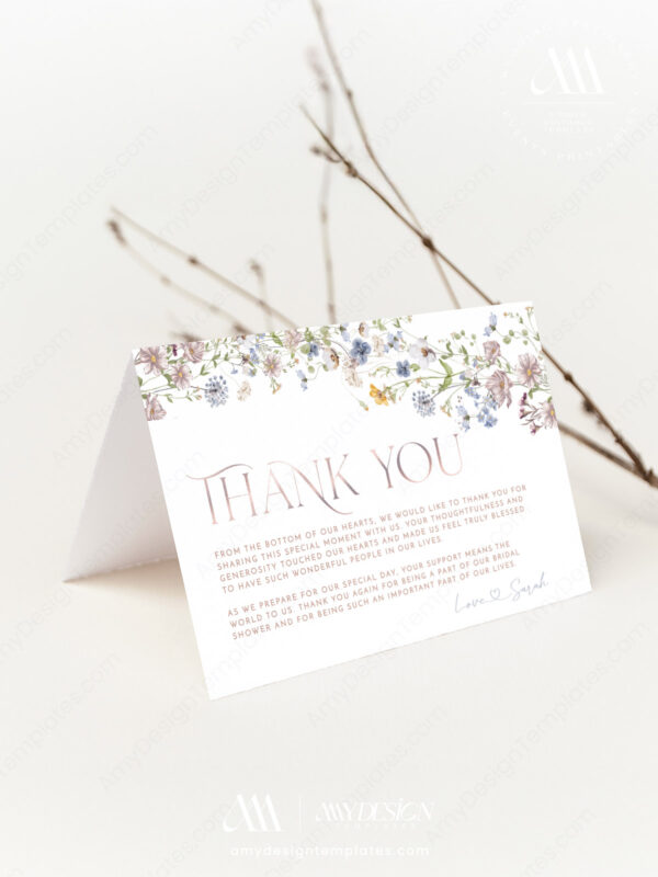Wildflower Thank You Card Template Printable | Flat and Folded Floral Thank You Bridal Shower