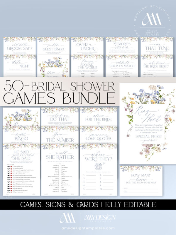 Wildflower Bridal Shower Invite Template | Editable Whimsical Garden Invitation Printable Card Bridal Shower Games Bundle | Wildflower Shower Games Printable Editable Templates