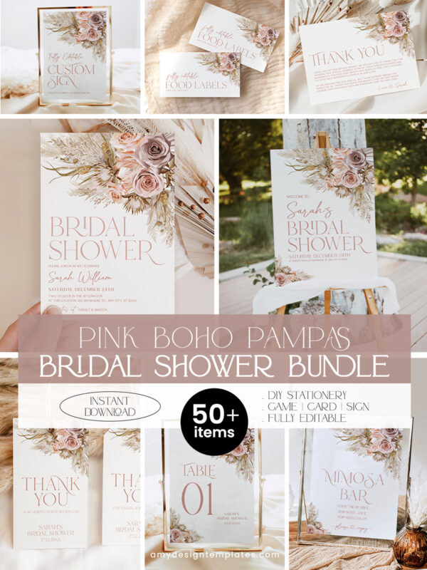 Pink Boho Pampas Bridal Shower Bundle | Bohemian Invitation Template | Bridal Shower Signage & Games Bundle