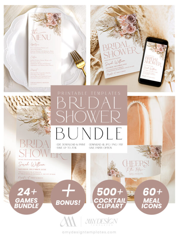 Pink Boho Pampas Bridal Shower Bundle | Bohemian Invitation Template | Bridal Shower Signage & Games Bundle
