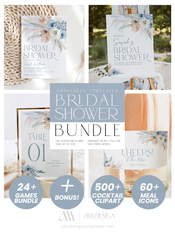 Boho Dusty Blue Bridal Shower Bundle Template | Bohemian Bridal Shower Invitations Printable | 24 Games Bundle