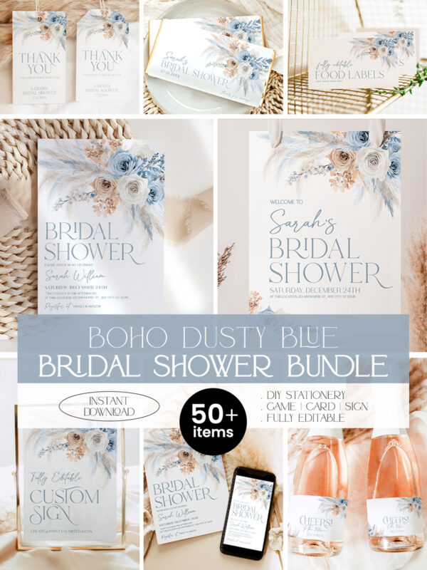 Boho Dusty Blue Bridal Shower Bundle Template | Bohemian Bridal Shower Invitations Printable | 24 Games Bundle