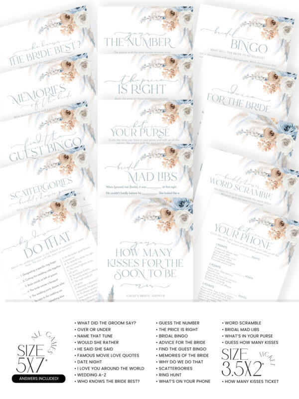 Dusty Blue Boho Bridal Shower Games Editable | Printable Games Template Bundle Instant Download
