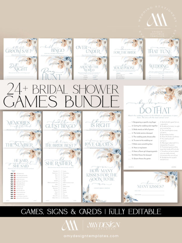 Boho Pampas Grass Bridal Shower Invitation Template Editable | Dusty Blue Bohemian Invite Printable Dusty Blue Boho Bridal Shower Games Editable | Printable Games Template Bundle Instant Download
