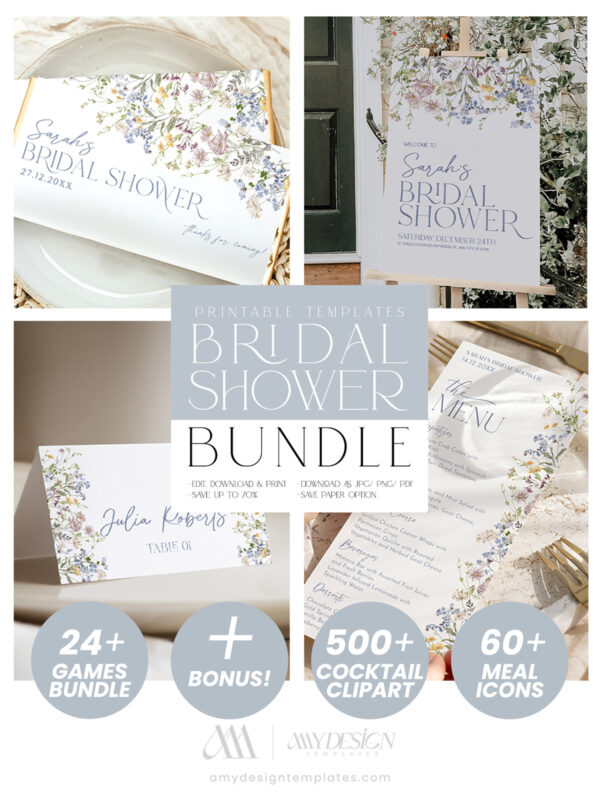 Wildflower Bridal Shower Invitations Template Bundle | Floral Bridal Shower Invite | Garden Bridal Shower Bundle Games